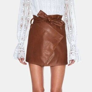 Divine Heritage Faux Leather Saddle Mini Skirt Brown Vegan Leather Small